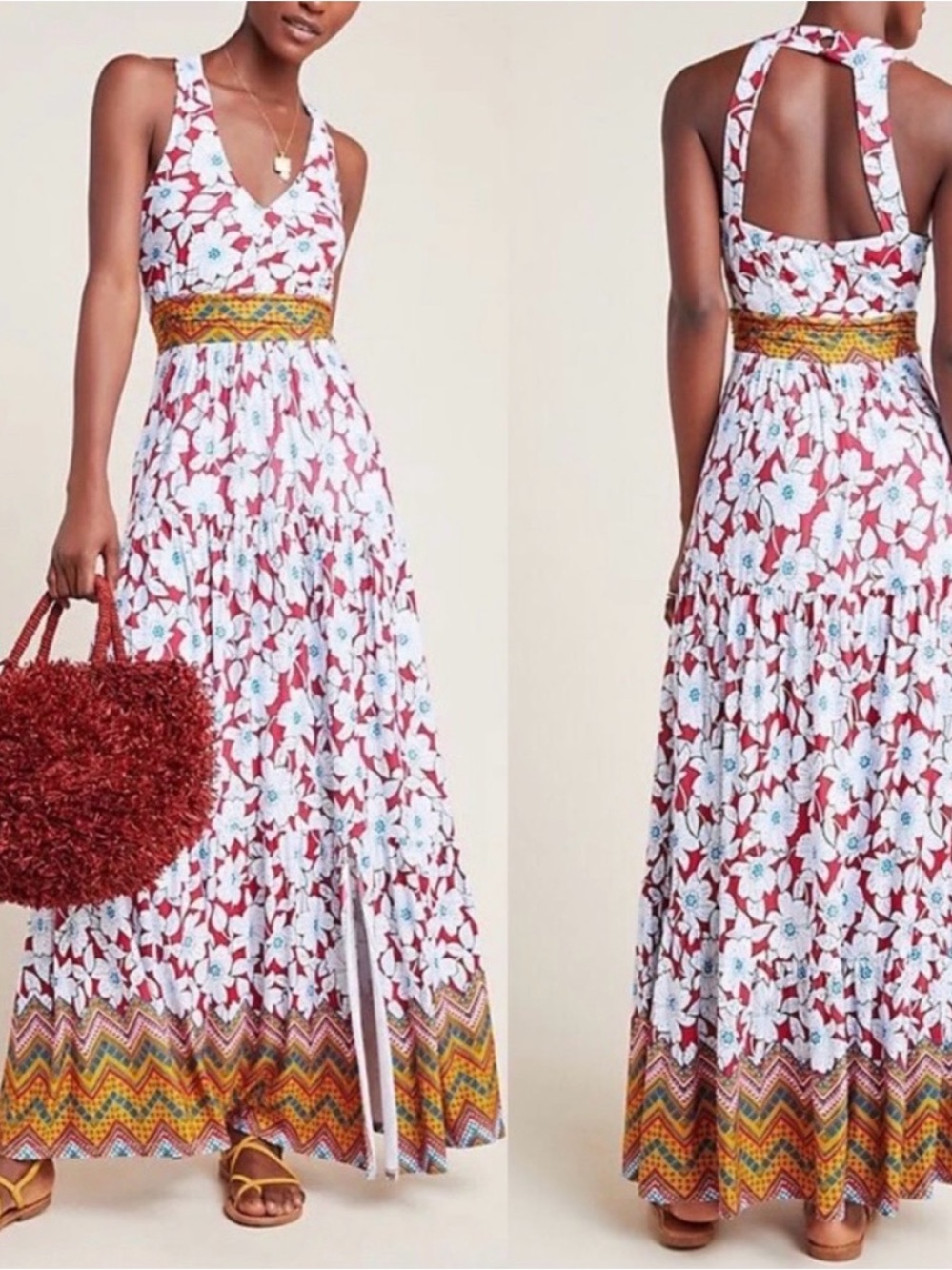 Anthropologie Maeve White Floral-Trim Halter Maxi Dress